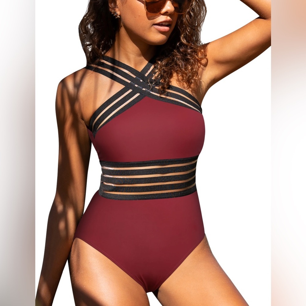 Hilor Womens Merlot Mesh Insert Front Crossover Bathing Suit, sz4-6, MSRP $45